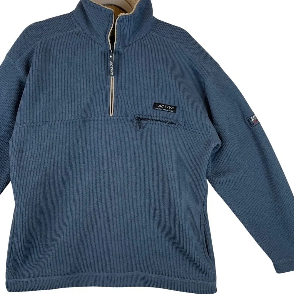 CS Active Performance Mens Small Blue Ribbed Fleece Quarter Zip Pullover Sweater